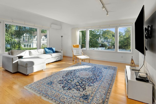 living room with a wall mounted AC, light hardwood / wood-style flooring, and track lighting