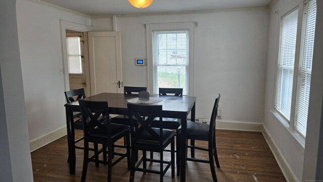 dining room featuring dark wood finished floors, ornamental molding, and a wealth of natural light