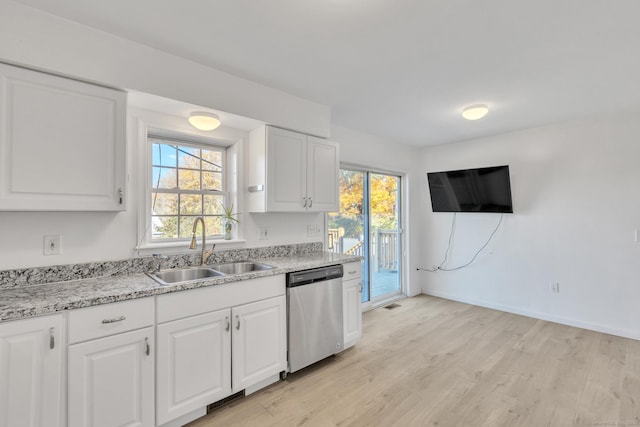 kitchen with white cabinetry, stainless steel dishwasher, light hardwood / wood-style floors, and sink