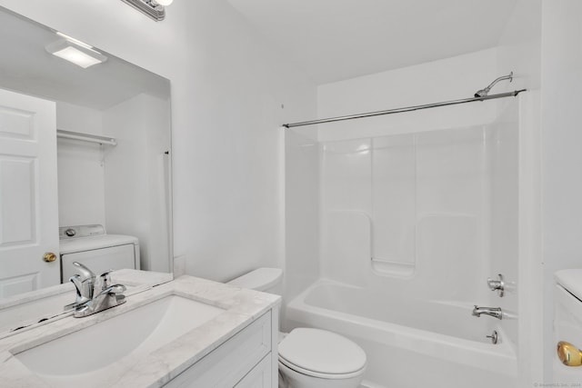 full bathroom with toilet, washer / dryer, vanity, and bathing tub / shower combination