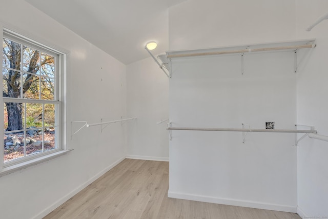 walk in closet with light hardwood / wood-style floors