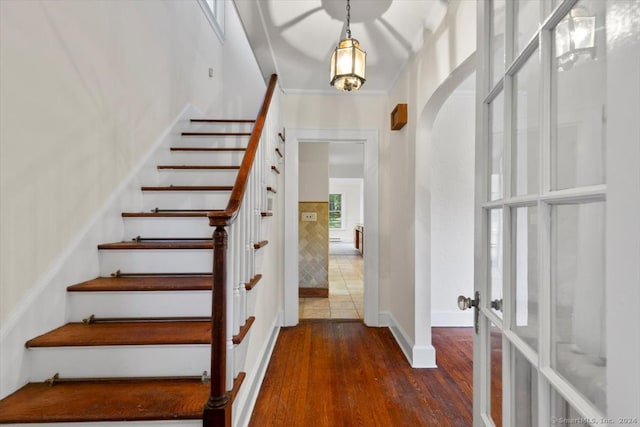 stairway with hardwood / wood-style flooring