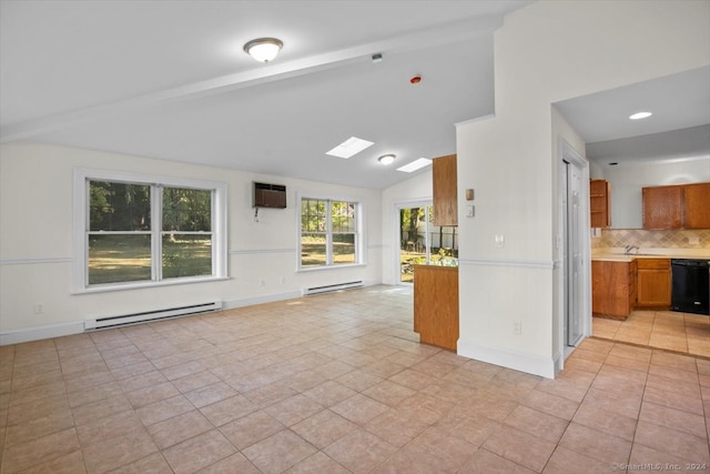 kitchen featuring beam ceiling, a baseboard radiator, black dishwasher, and a wall unit AC