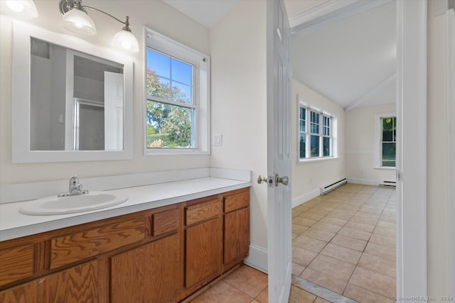 bathroom with lofted ceiling, a baseboard heating unit, a shower with door, vanity, and tile patterned flooring