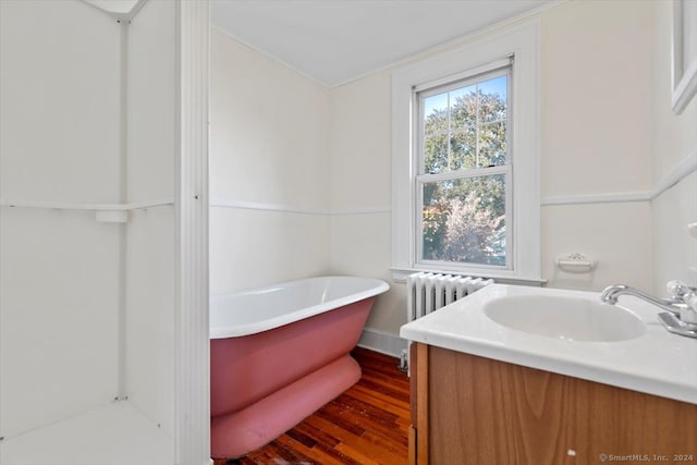 bathroom featuring a tub to relax in, vanity, radiator heating unit, and wood-type flooring