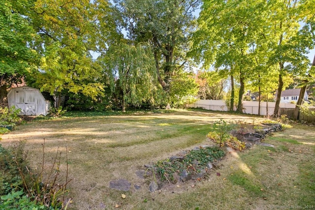 view of yard featuring a storage unit