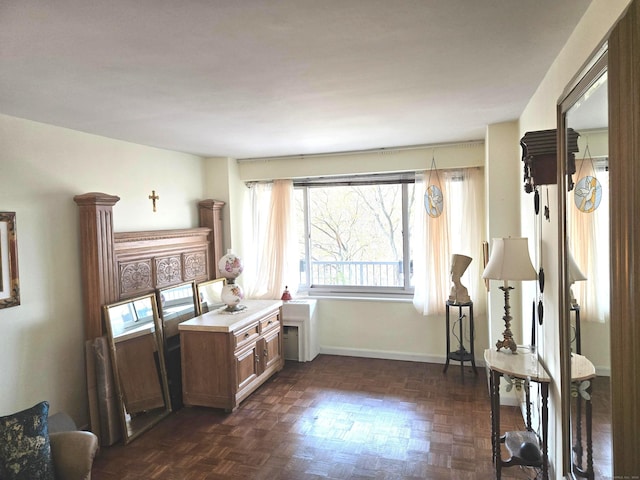 interior space with dark parquet flooring