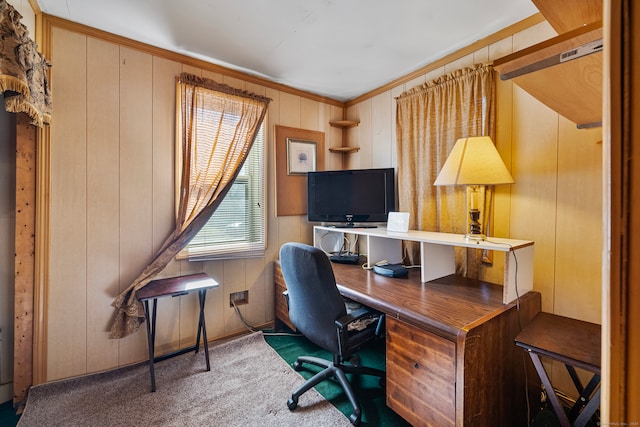 carpeted office featuring ornamental molding and wood walls