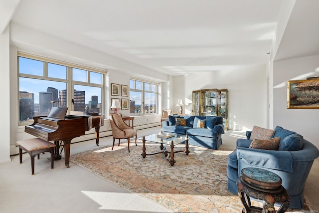 living room with a baseboard heating unit and carpet flooring