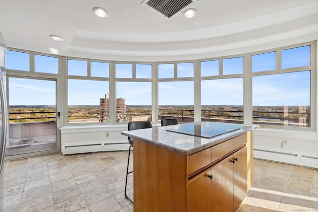 kitchen with baseboard heating, a tray ceiling, plenty of natural light, and a kitchen island