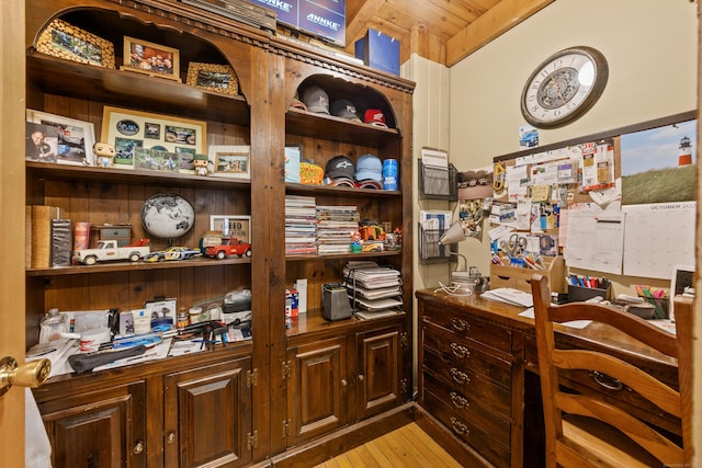 office area with light hardwood / wood-style flooring and wooden ceiling