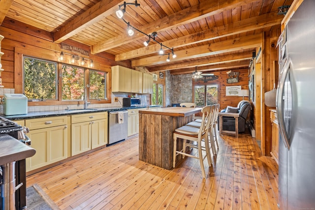 kitchen featuring wood walls, light hardwood / wood-style flooring, plenty of natural light, and appliances with stainless steel finishes