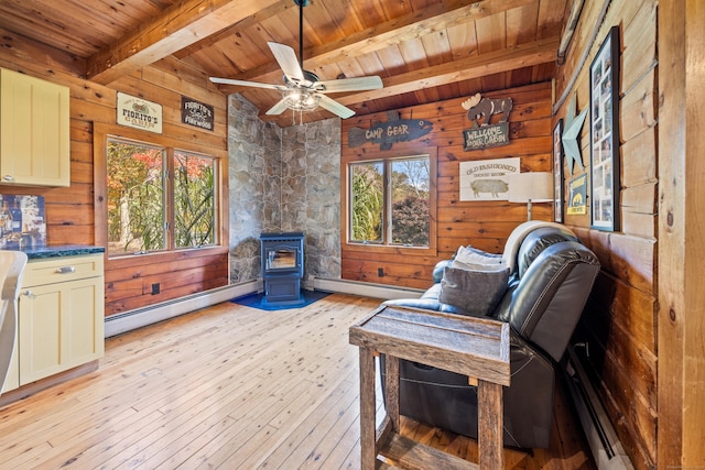 sitting room featuring plenty of natural light, a wood stove, wooden walls, and light hardwood / wood-style flooring