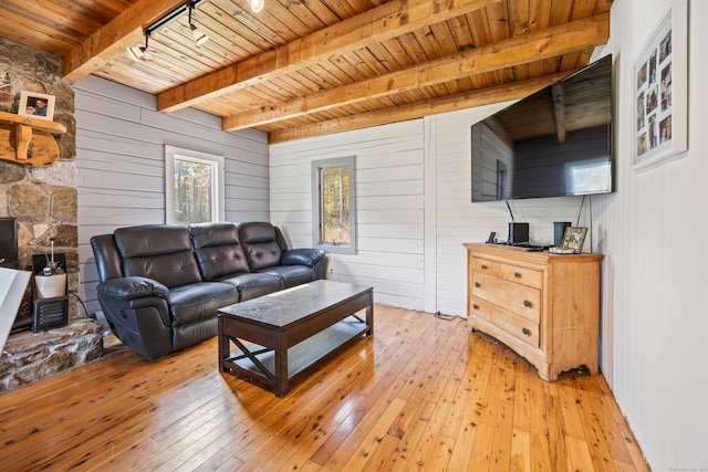 living room featuring beamed ceiling, light hardwood / wood-style floors, wooden ceiling, and wooden walls