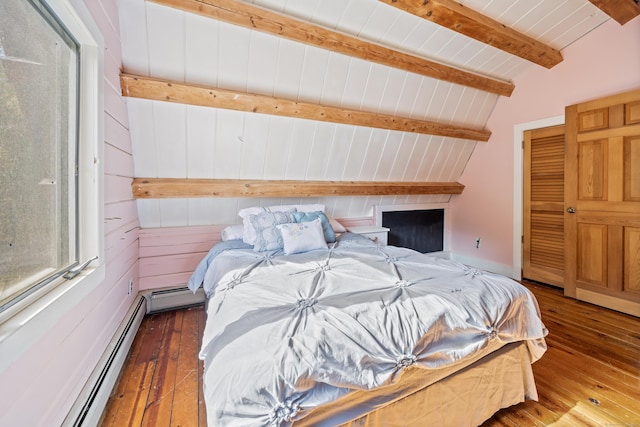 bedroom featuring dark wood-type flooring, a baseboard heating unit, wooden ceiling, vaulted ceiling with beams, and wood walls