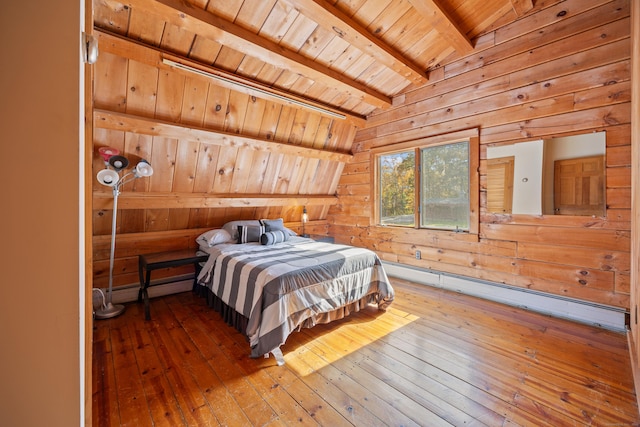 bedroom with vaulted ceiling with beams, a baseboard heating unit, wood walls, wood-type flooring, and wood ceiling