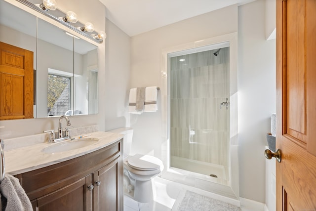 bathroom featuring a shower, vanity, and toilet