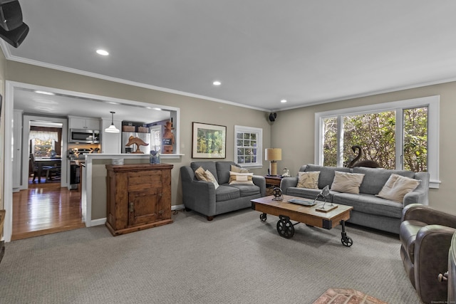 carpeted living room featuring ornamental molding