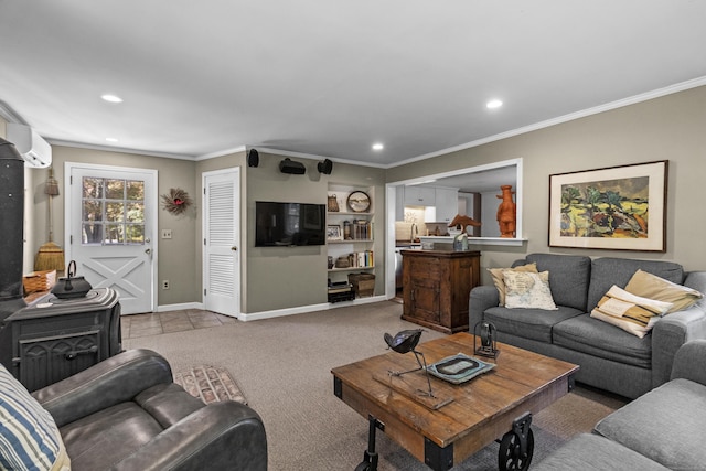 carpeted living room featuring a wall mounted AC and ornamental molding