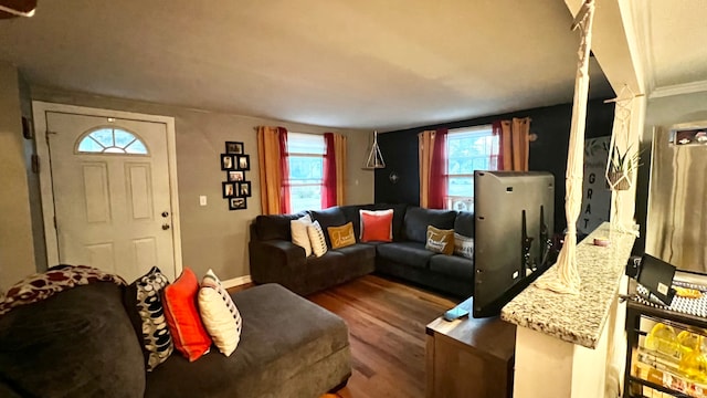 living room featuring crown molding and light wood-type flooring