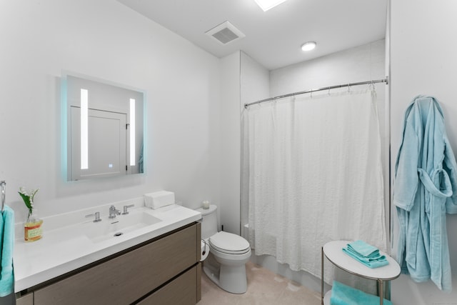 full bathroom with vanity, toilet, shower / tub combo, and tile patterned flooring