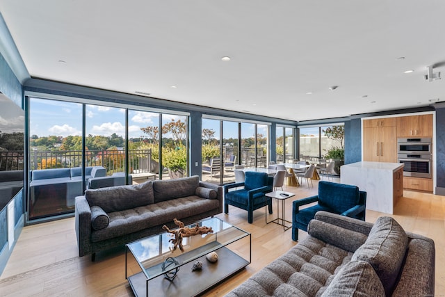 living room featuring a wall of windows, light wood-type flooring, and a wealth of natural light