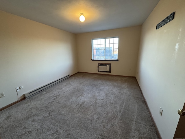 spare room with a wall unit AC, carpet, a baseboard heating unit, and baseboards