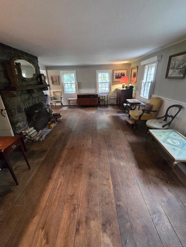 living room with wood-type flooring and a fireplace