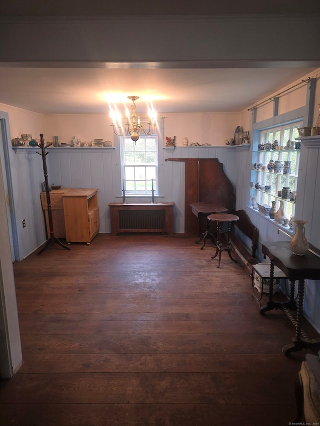 miscellaneous room featuring radiator, dark hardwood / wood-style flooring, and a chandelier