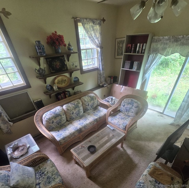 interior space with ceiling fan and carpet floors