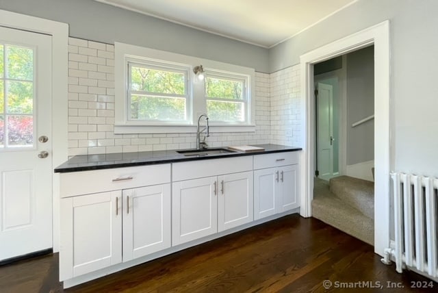 kitchen featuring tasteful backsplash, sink, radiator heating unit, dark hardwood / wood-style flooring, and white cabinets