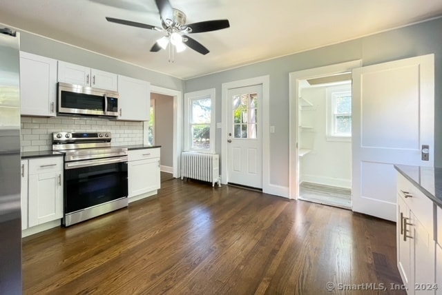 kitchen with white cabinets, stainless steel appliances, radiator, and dark hardwood / wood-style floors