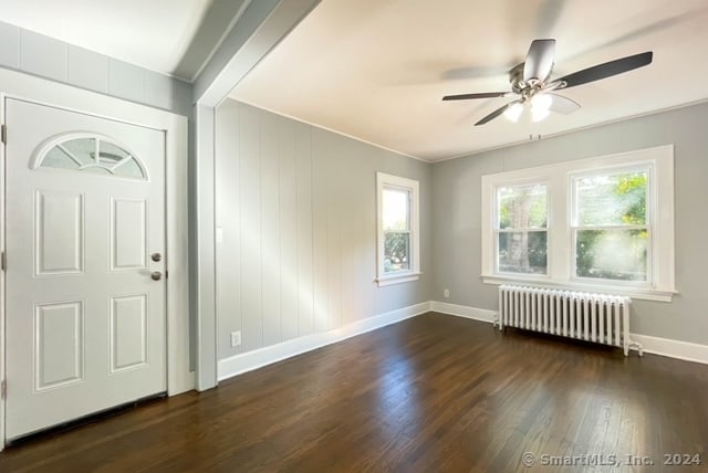 foyer with dark hardwood / wood-style floors, a healthy amount of sunlight, radiator, and ceiling fan