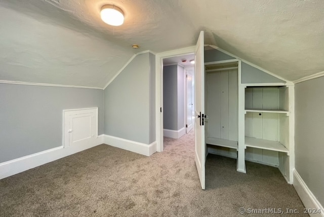 bonus room with lofted ceiling, carpet, and a textured ceiling