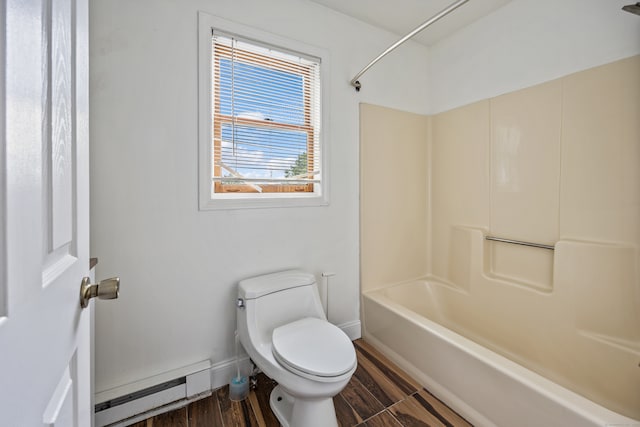 bathroom with toilet, hardwood / wood-style flooring, shower / washtub combination, and a baseboard radiator