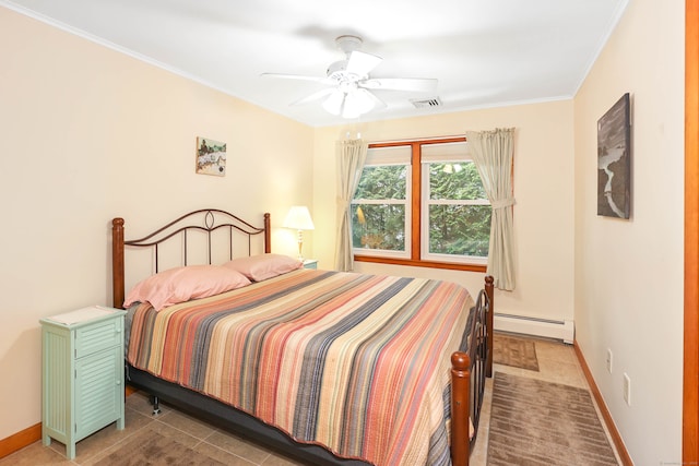 bedroom with ornamental molding, tile patterned floors, a baseboard radiator, and ceiling fan