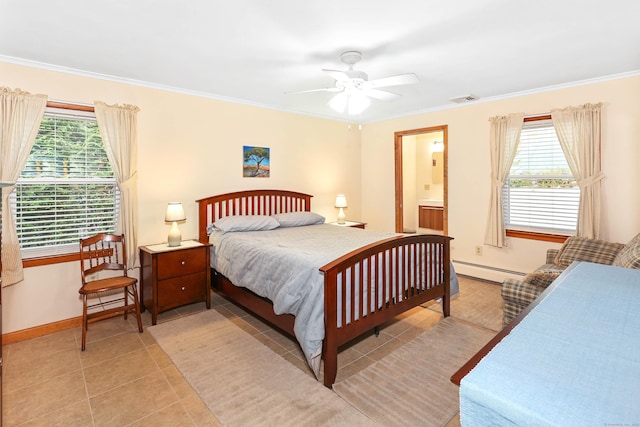 199 Pine Hollow Rd, Killingly, CT 06241 - bedroom featuring multiple windows, crown molding, a baseboard radiator, light tile patterned floors, and ceiling fan