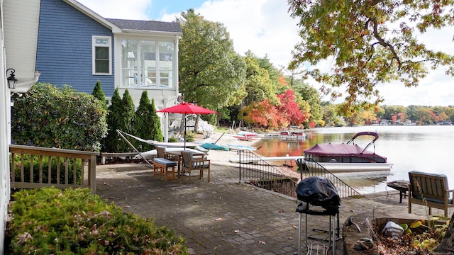 199 Pine Hollow Rd, Killingly, CT 06241 - view of patio with a water view, a dock, and area for grilling