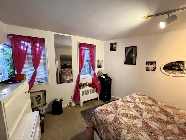 carpeted bedroom with radiator heating unit