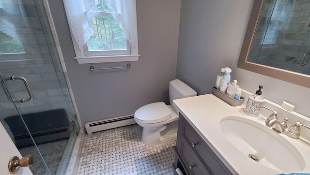 bathroom with baseboard heating, vanity, toilet, and walk in shower