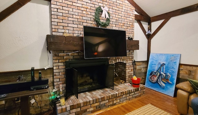 details featuring a fireplace and wood-type flooring