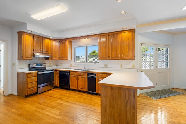 kitchen with light hardwood / wood-style floors, electric range, kitchen peninsula, and dishwasher