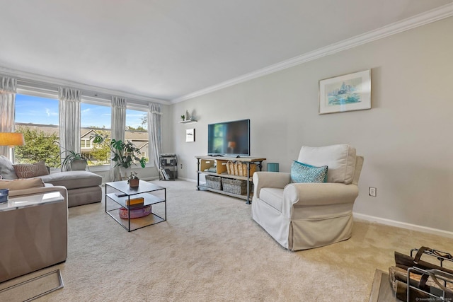 living room with light colored carpet and crown molding