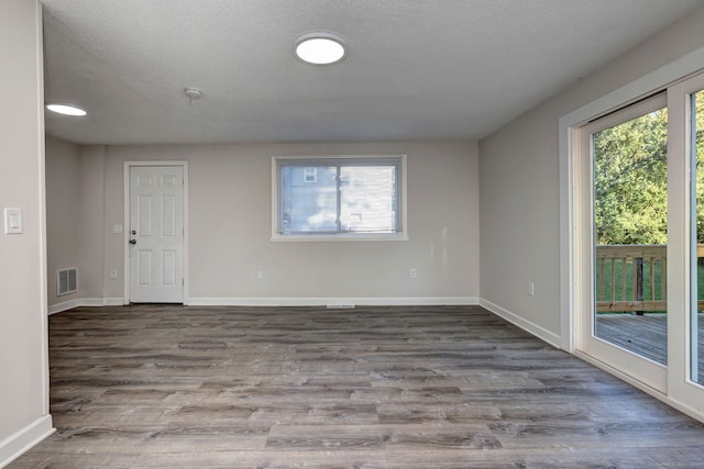 empty room featuring wood-type flooring, a textured ceiling, and plenty of natural light