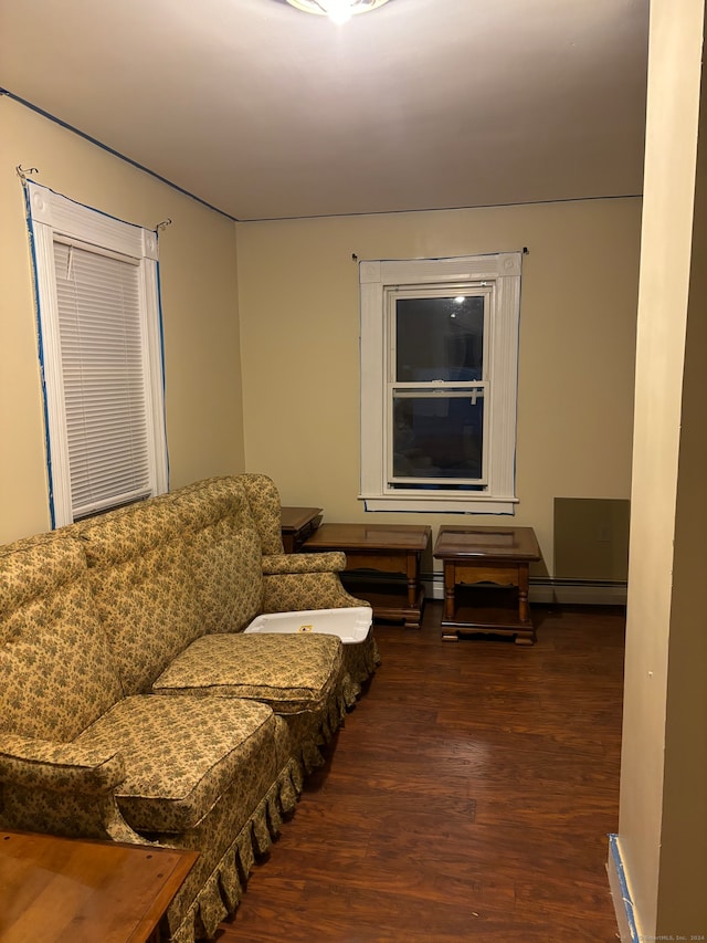 living room featuring a baseboard radiator and dark hardwood / wood-style flooring