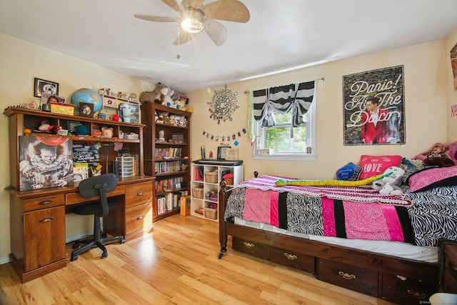 bedroom featuring ceiling fan and light hardwood / wood-style flooring