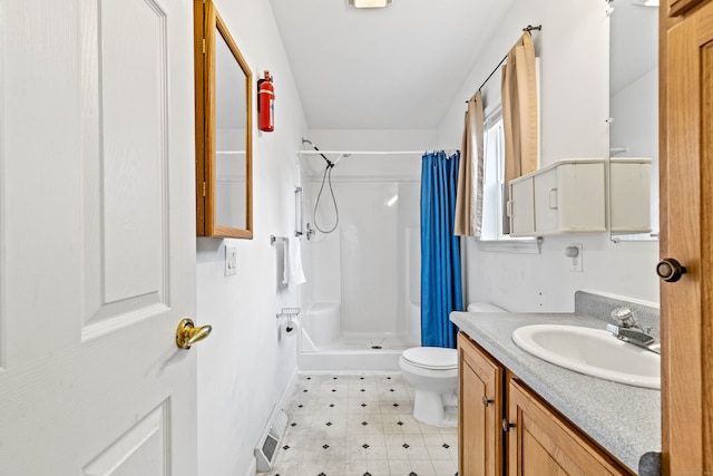 bathroom with vanity, toilet, and a shower with shower curtain