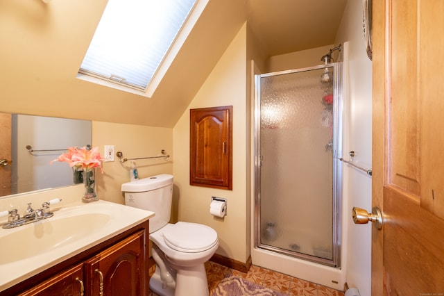 bathroom with toilet, tile patterned flooring, vanity, lofted ceiling with skylight, and an enclosed shower