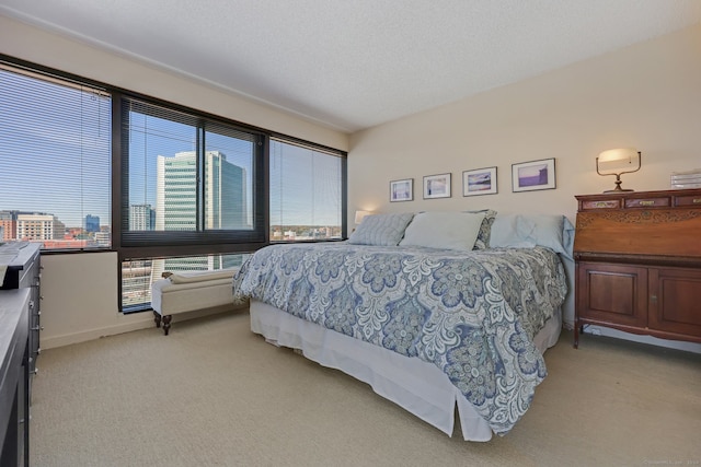 carpeted bedroom with a textured ceiling