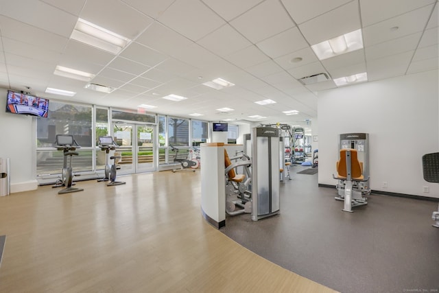 gym with expansive windows, a drop ceiling, and wood-type flooring